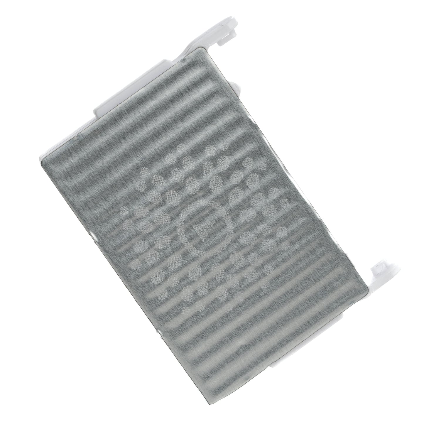 A rectangular gray ribbed filter element with small white tabs on the ends, shown on a plain white background.