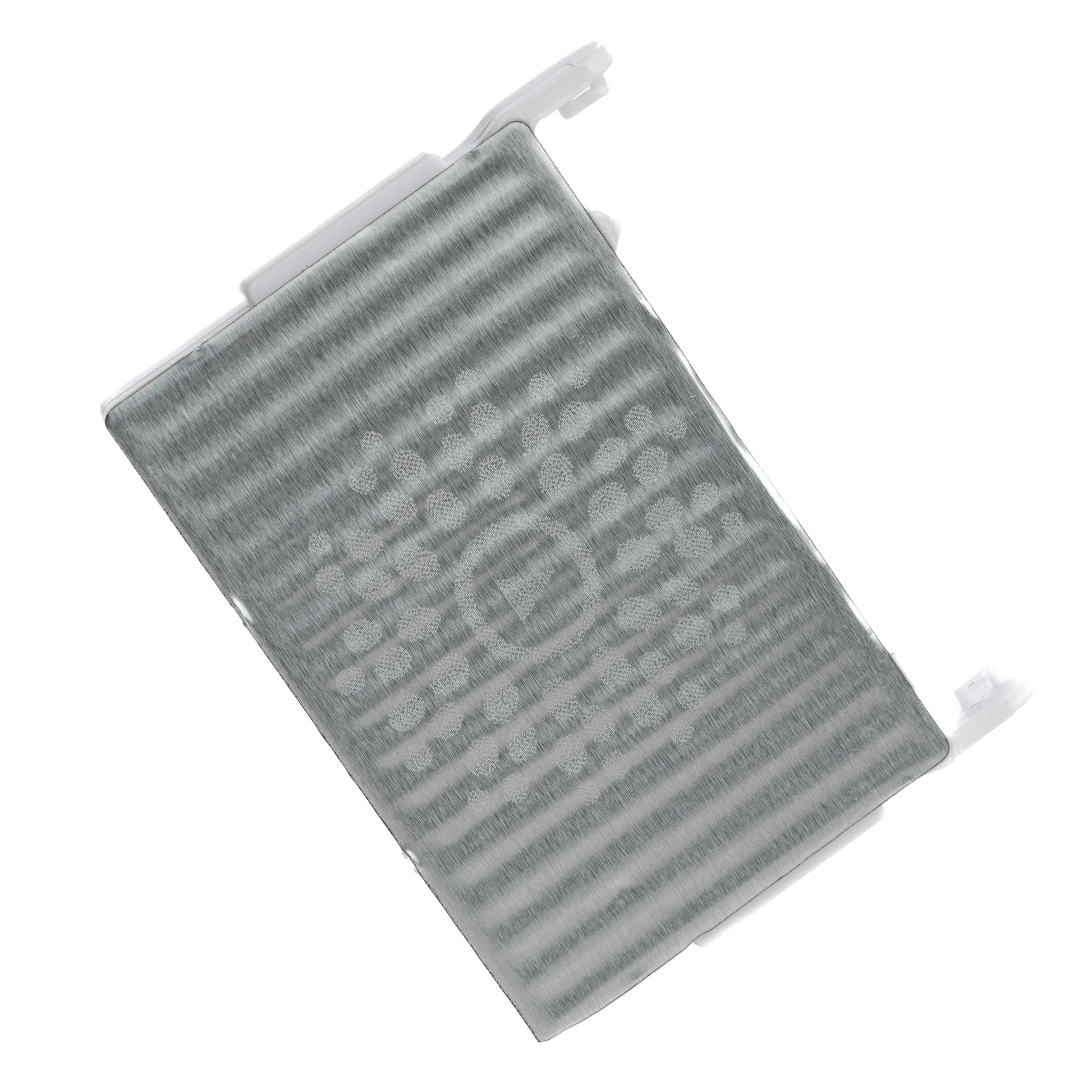 A rectangular gray ribbed filter element with small white tabs on the ends, shown on a plain white background.