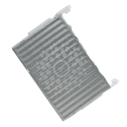 A rectangular gray ribbed filter element with small white tabs on the ends, shown on a plain white background.