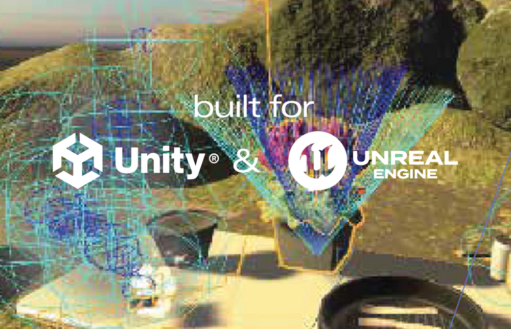 Promotional graphic for Unity and Unreal Engine showing a 3D virtual environment with overlaid wireframe lines and the text 'built for Unity & Unreal Engine'.