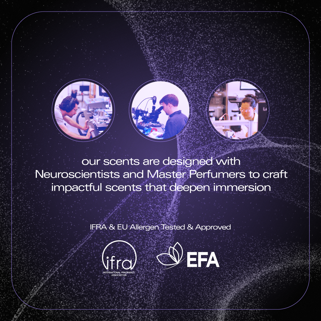 Promotional graphic with three circular photos of scientists and chemists working in laboratories, set against a dark textured background with white text reading 'our scents are designed with Neuroscientists and Master Perfumers to craft impactful scents that deepen immersion' and logos for IFRA and EFA at the bottom.