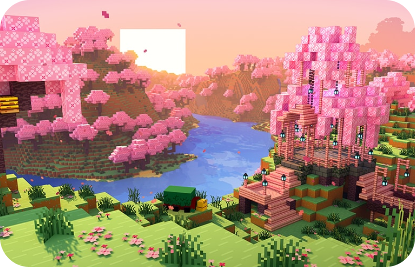 A colorful blocky landscape scene resembling a voxel-style game render, with pink cherry blossom trees, a blue river, green grass, and pink sky. A large white square obscures the center of the sky.